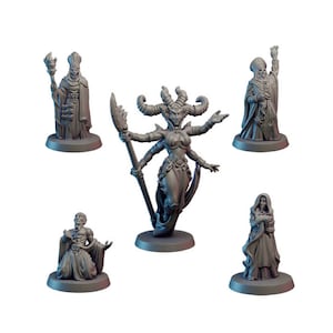 May include: Set of five miniature figurines, painted in a gray color scheme. The figurines depict fantasy characters, including a demon with four arms, a wizard with a staff, and a hooded figure.