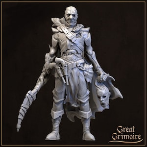May include: A gray, detailed miniature figure of a humanoid creature with a stitched-up face, holding a weapon and a severed head. The figure is wearing a tattered cloak and has a belt with a pouch. The figure is standing on a gray background.