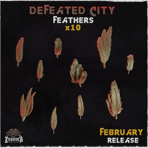 Puede incluir: Un conjunto de 10 plumas marrones, con un fondo oscuro y el texto "Defeated City Feathers x10 February Release".