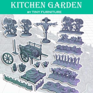 May include: A set of miniature garden decorations, including a scarecrow, wheelbarrow, sunflowers, and various garden beds. The set is made of gray plastic and is labeled "Kitchen Garden by Tiny Furniture".