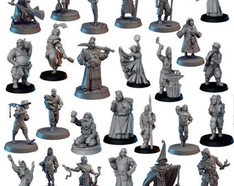 DnD Starter Pack, 26pc Townsfolk Miniature Set, D&D, DnD, Dungeons and Dragons Villagers, Fantasy Set DnD Scatter Terrain 28mm or 32mm Scale