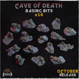 May include: A collection of sixteen "Cave of Death" basing bits, featuring detailed miniature terrain pieces. The pieces are primarily gray with green accents, resembling rocks and vegetation. The text "Cave of Death" and "October Release" are visible.