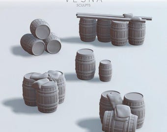 Paquete de 6 barriles Miniaturas DnD Dungeons and Dragons Terreno disperso DnD 28 mm/32 mm Miniaturas dispersas Barril de madera Miniatura impresa en 3D - VS