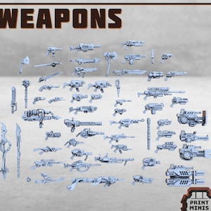 May include: A collection of 3D printed weapons for tabletop gaming. The weapons are made of a light gray plastic and are arranged in rows. The weapons include swords, axes, guns, and other fantasy weapons.