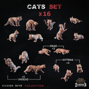May include: A set of 16 miniature cats in various poses, including dead, undead, and kittens. The set is made of brown plastic and is labelled "Cats Set x16".