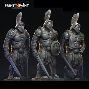 May include: Three gray gladiator miniatures, each in full armor with helmets and weapons. The gladiators are posed with swords, shields, and a battle axe. The text "PRINT 'N PAINT MINIATURES" is in the upper left corner.