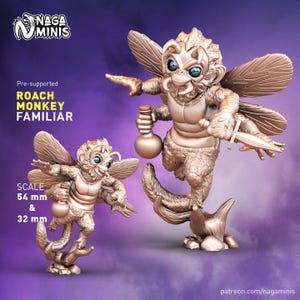 May include: Two bronze-colored Roach Monkey Familiar figurines. The larger figure is posed mid-leap, holding a flask and a blade. The smaller figure is on a tree branch. Text on the image reads "ROACH MONKEY FAMILIAR" and "SCALE 54 mm & 32 mm."