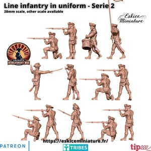 May include: Miniature figurines of line infantry in uniform, 28mm scale. The figures are in various poses, including kneeling and standing, and are armed with rifles and swords. The figures are from the American Revolutionary War.