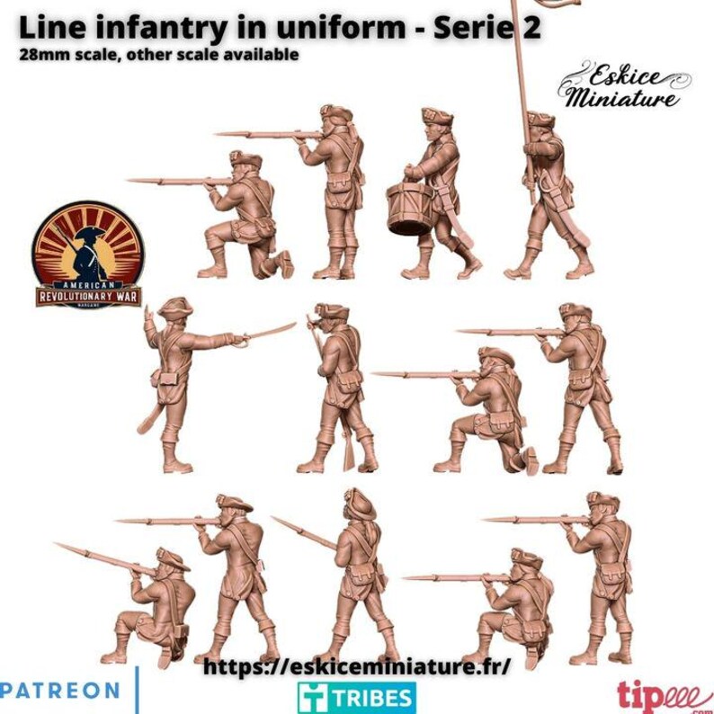 May include: Miniature figurines of line infantry in uniform, 28mm scale. The figures are in various poses, including kneeling and standing, and are armed with rifles and swords. The figures are from the American Revolutionary War.