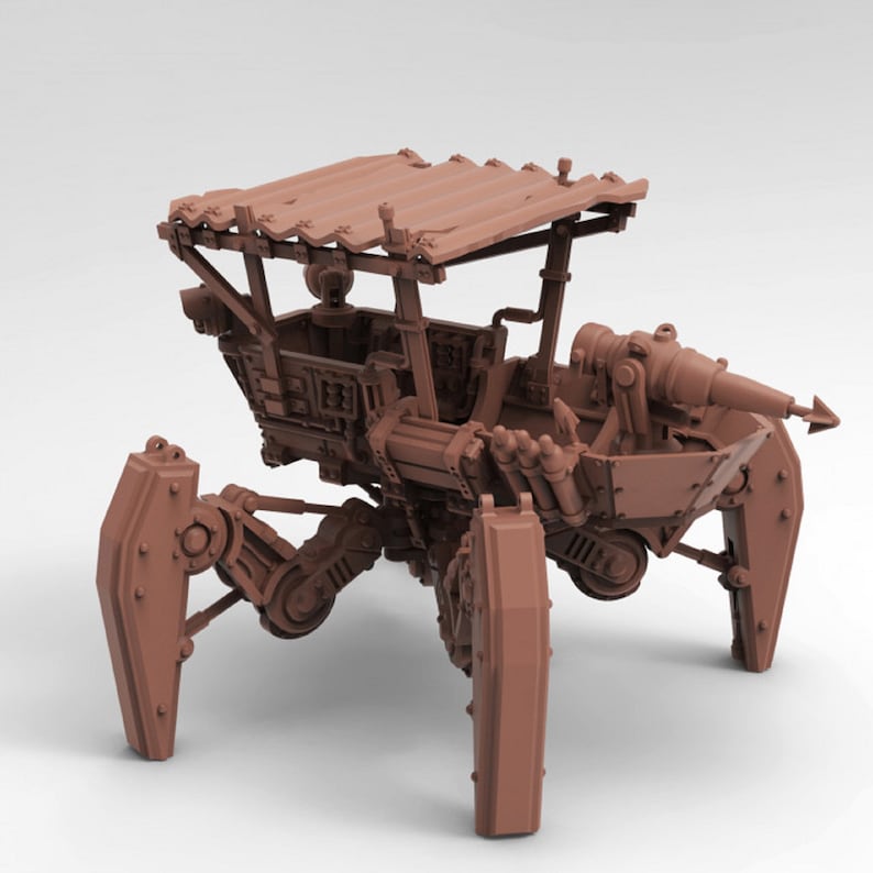 May include: A brown, wooden, steampunk-style walking machine with a canopy and a cannon. The machine has four legs and is made of metal and wood.