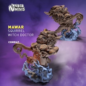 Puede incluir: Una figurita miniatura pintada de marrón de un doctor brujo ardilla con un bastón y una cadena. La figurita está de pie sobre una base de nube azul. El texto "MAWAR SQUIRREL WITCH DOCTOR COMBAT" es visible en la imagen.