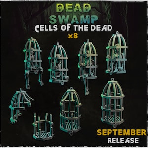 May include: Eight miniature cages with skeletons inside, labeled "Dead Swamp Cells of the Dead x8". The cages are made of metal and have a rustic, aged look. The skeletons are posed in a variety of positions, some sitting, some standing, and some reaching out. The cages are hanging from the ceiling, and the background is a dark green forest.