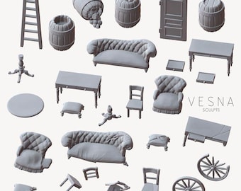 27 pc FURNITURE PACK Miniatures DnD Dungeons and Dragons DnD Scatter Terrain 28mm/32mm Chairs Ladder Barrels Wheels- VS