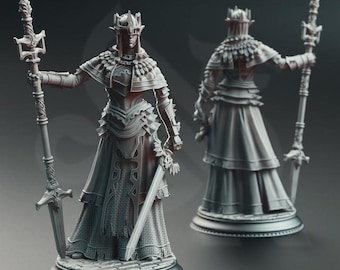 May include: Two detailed figurines of a regal figure in armor and a crown, holding a sword and a staff. The figures are on round bases, with intricate details in the design. The color is a muted gray.