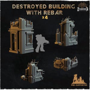 May include: Four 3D printed, pre-supported, ruined building models with rebar. The buildings are made of grey and brown plastic and are designed for tabletop gaming.