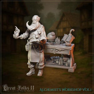 May include: A detailed, gray-toned figurine of an alchemist holding a flame and a book, standing next to a table filled with bottles, books, and a mortar and pestle. The figurine is part of the "Alchemist's Workshop Vol. I" collection, as indicated by the text at the bottom.