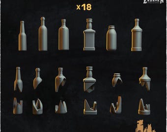 May include: A set of 18 pre-supported 3D printed glass bottles, perfect for tabletop gaming or miniature projects. The bottles are in various stages of completion, some whole, some broken, and some with the top removed. The bottles are a light brown color.