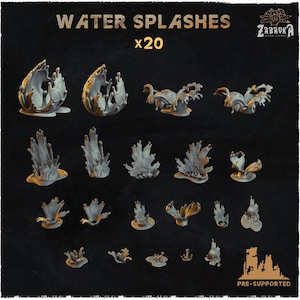 May include: Twenty pre-supported 3D printed water splash models. The models are in various shapes and sizes, and are perfect for adding a touch of realism to your tabletop games or dioramas.