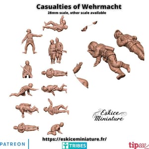 May include: A collection of miniature Wehrmacht soldiers in various poses, including standing, kneeling, and lying down. The figures are in a 28mm scale, with other scales available. The image includes the text "Casualties of Wehrmacht".