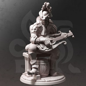May include: A white painted figurine of a musician playing a lute. The musician is wearing a feathered hat and a long coat. The figurine is sitting on a barrel and a small platform.