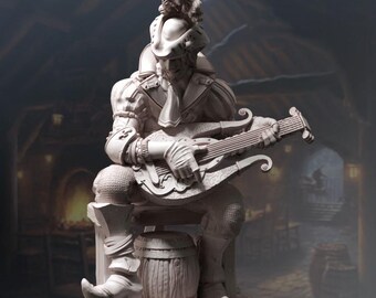 May include: A white painted figurine of a musician playing a lute. The musician is wearing a feathered hat and a detailed costume. The figurine is sitting on a barrel.