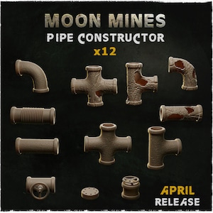 May include: A set of 12 rusty metal pipe pieces for model building. The set includes straight pipes, elbows, and cross pieces. The pipes are weathered and have a distressed look. The text "MOON MINES PIPE CONSTRUCTOR x12" is at the top of the image. The text "APRIL RELEASE" is at the bottom of the image.