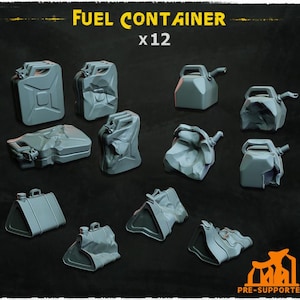 May include: Twelve gray plastic fuel containers of various shapes and sizes. Some containers are dented and worn.  FUEL CONTAINER x 12
