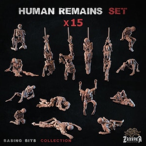 May include: A set of 15 unpainted plastic human skeletal remains miniatures for tabletop gaming. The miniatures are posed in various positions, including hanging, crawling, and standing. The set is labeled "Human Remains Set x15".