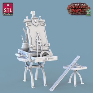 May include: A 3D printed model of a wooden artist's easel with a compass, protractor, and quill pen. The easel is open and the tools are visible. The model is printed in white plastic and is part of a set of 3D printable fantasy NPCs.