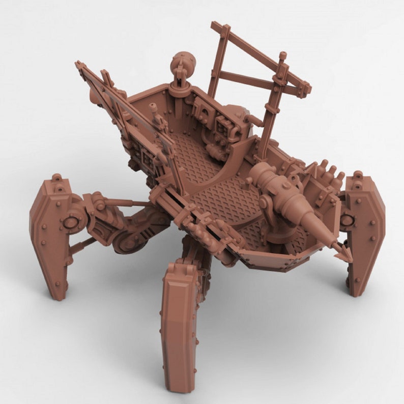 May include: A brown, multi-legged, mechanical walker with a cannon mounted on the top. The walker has a detailed, steampunk-inspired design.