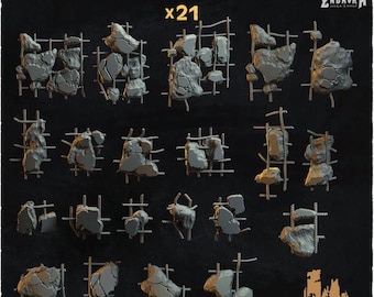 21 szt. Zniszczonych elementów (podstawki 2.0) 28 mm/32 mm TTRPG Miejskie materiały bazowe do bitew Zniszczony beton Zbrojenie ScatterZbW