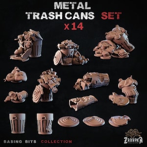 May include: A set of 14 metal trash can miniatures for tabletop gaming. The set includes various styles of trash cans, some with lids and some without. The miniatures are made of a dark gray metal and are designed to be used as terrain pieces for wargaming or role-playing games.