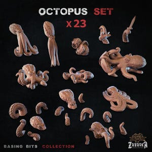 May include: A set of 23 unpainted resin octopus miniatures for tabletop gaming or model building. The set includes a variety of octopus poses, including curled, reaching, and swimming.  The miniatures are designed to be used with a 28mm scale wargaming system.  Octopus Set x 23.