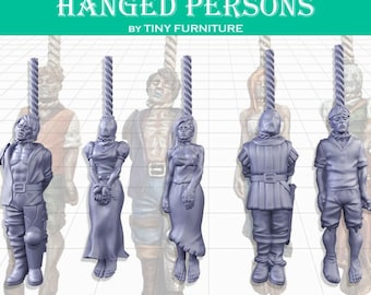 May include: Five gray painted figurines of people hanging from ropes. The figures are dressed in different clothing, including a long dress, a shirt and pants, and a tunic. The figures are all in a hanging pose with their arms at their sides.