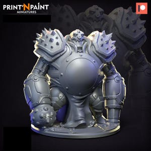 Puede incluir: Una figura en miniatura gris de un guerrero fuertemente blindado con hombreras puntiagudas y un gran escudo en el pecho. La figura tiene un diseño detallado, con remaches y elementos mecánicos visibles. La base de la figura es circular.