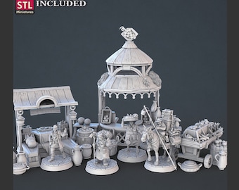 Imbiss-Set, Markt, Miniatur, DnD, Dungeons and Dragons, 28mm, 32mm Scatter, Terrain, Townsfolk Mini, DnD-Dorf - STL Miniatures