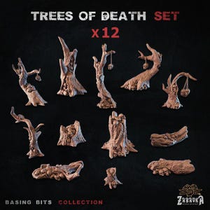 May include: A set of twelve miniature "Trees of Death" in a brown color, with skull details. The trees vary in shape and size, some with hanging skull ornaments. The text "TREES OF DEATH SET x12" is at the top.