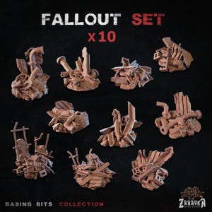 May include: A set of 10 Fallout themed miniature terrain pieces for tabletop gaming. The pieces are made of a light brown plastic and feature a variety of rubble and debris. The set is labeled "Fallout Set x10" and "Basing Bits Collection".