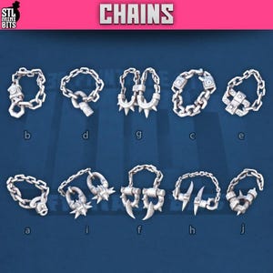 May include: An assortment of silver-colored chains with various designs, including spiked and claw-like elements. The word "CHAINS" is displayed in bold, red letters at the top. The chains are arranged on a blue background.