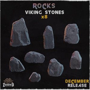 May include: Eight Viking stones with engraved symbols and runes. The word "ROCKS" is at the top, with "VIKING STONES x8" below it. The text "DECEMBER RELEASE" is at the bottom, with a logo in the lower left corner.