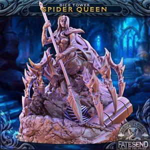 May include: A detailed fantasy figurine of the Spider Queen, a humanoid figure with a spider's body, holding a spear. The figurine is in shades of purple and bronze, with the text "Dice Tower Spider Queen" at the top.