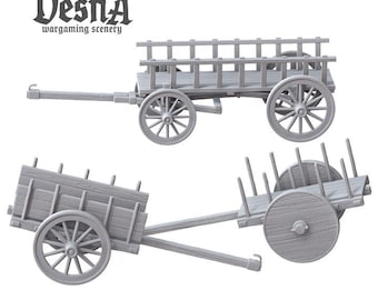 May include: Two unpainted gray miniature wagons with wooden plank textures, spoked wheels, and side railings. The text Vesna wargaming scenery is visible in the upper left corner. These models feature a long drawbar for attachment.