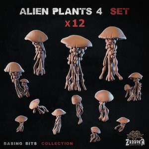 Peut inclure: Un ensemble de 12 figurines de plantes extraterrestres pour jeux de table. Les plantes sont de formes et de tailles variées, avec des sommets charnus et bulbiformes et de longues tiges grêles. Les figurines sont peintes dans une couleur brun clair. Alien Plants 4 Set x12 Basing Bits Collection