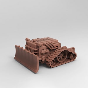 May include: A brown, miniature, detailed model of a bulldozer with a large blade and tracks. The model is made of plastic and has a realistic design.