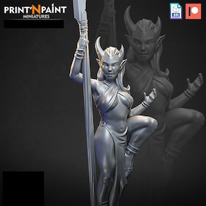 May include: A detailed 3D-printed miniature of a female fantasy character, kneeling and holding a spear. The figure has horns, pointed ears, and a flowing garment. The Print'N Paint Miniatures logo is visible in the upper left corner.