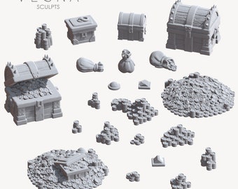 DnD Treasure Chest DnD Dungeons and Dragons Treasure Scatter Terrain 20/28mm/32mm Treasures and Riches Miniature Set Basing Bits Basing RPG