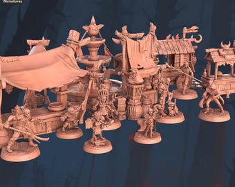 Goblin Market Miniature Set, 28mm/32mm Merchants Guards Carts and Stalls, Resin