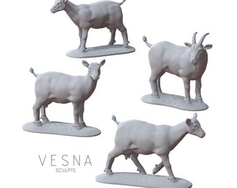 4pc GOATS PACK Miniatures DnD Dungeons and Dragons DnD Scatter Terrain 28mm/32mm Farm Animal Miniatures Goat Figurines - VS