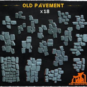 May include: A set of 18 different gray stone pavement textures, perfect for game development or other creative projects.  The textures are arranged in a grid pattern on a black background.  The text "OLD PAVEMENT x 18" is at the top of the image.