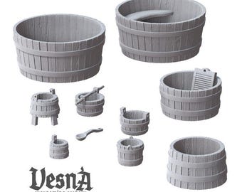 10pc Bucket and Tubs Miniature Set for DnD Dungeons and Dragons 28mm/32mm Wooden Bucket Scatter Terrain Diorama TTRPG Minis - VS